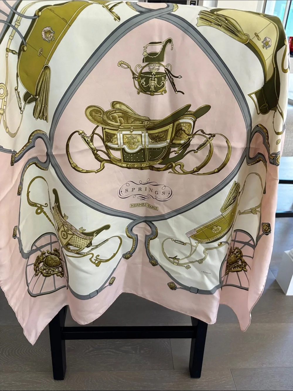 New Pink & Cream Hermes Silk Scarf with Gold Equestrian Carriage Motif - Picture 1 of 3